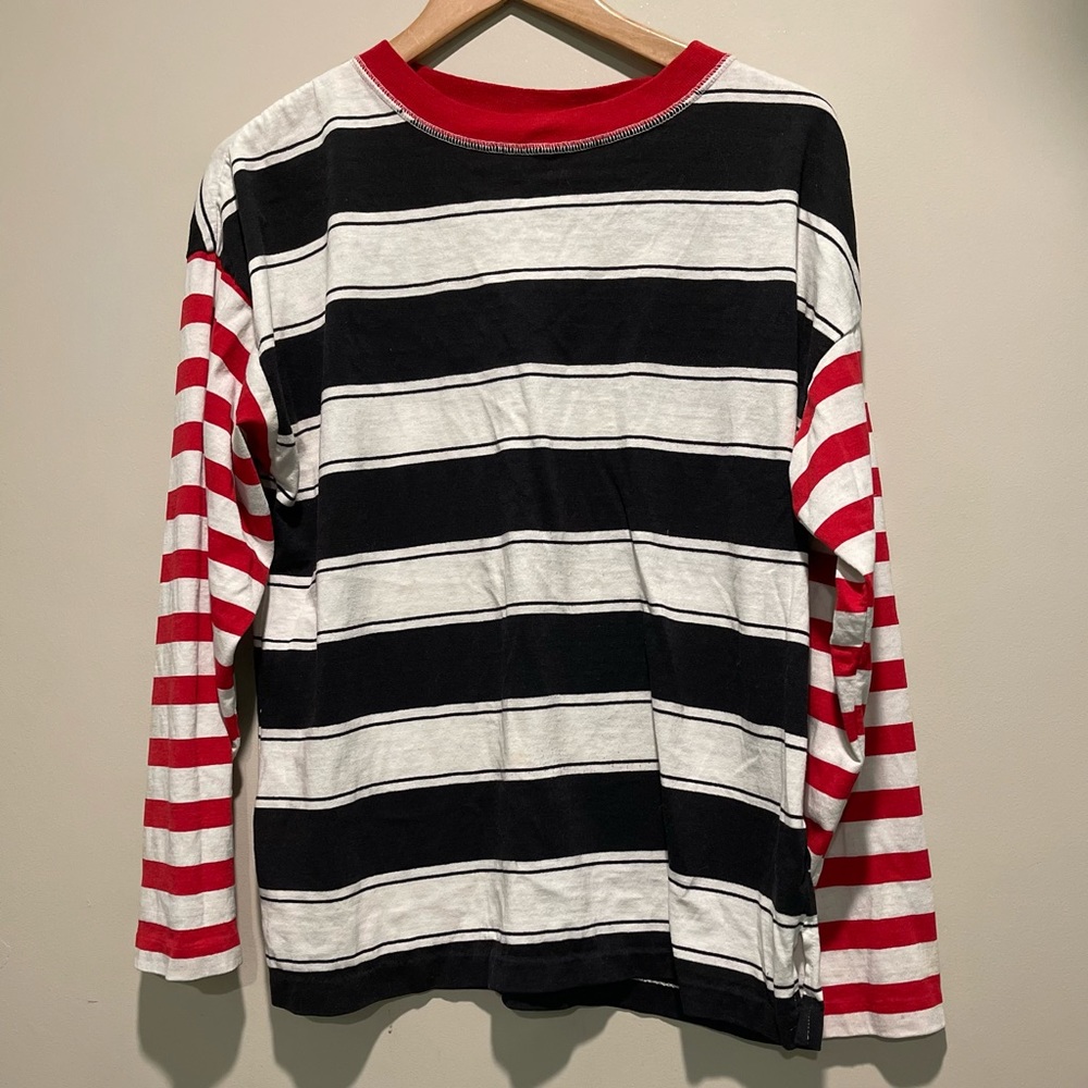 red and black striped top